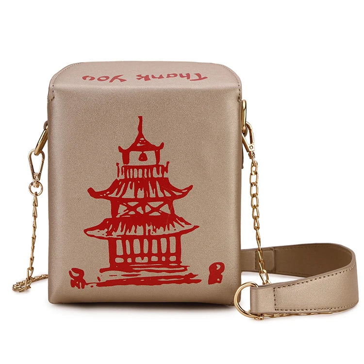 Chinese Takeout Box Purse Pu Leather Women Hand and Crossbody Bag