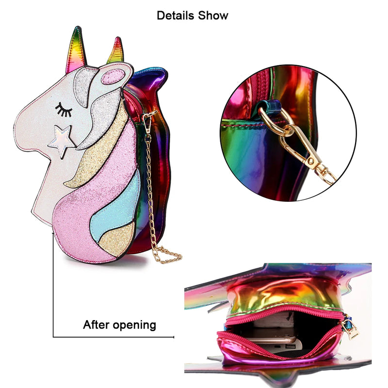 Cute Unicorn Shoulder Bag Fashion Small Chain Crossbody Bag Laser Women Purses and Handbags Cartoon Design Clutch Kawaii Pouch - Totes and Tangles