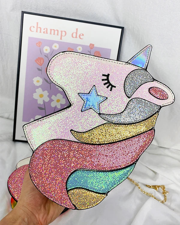 Cute Unicorn Shoulder Bag Fashion Small Chain Crossbody Bag Laser Women Purses and Handbags Cartoon Design Clutch Kawaii Pouch - Totes and Tangles