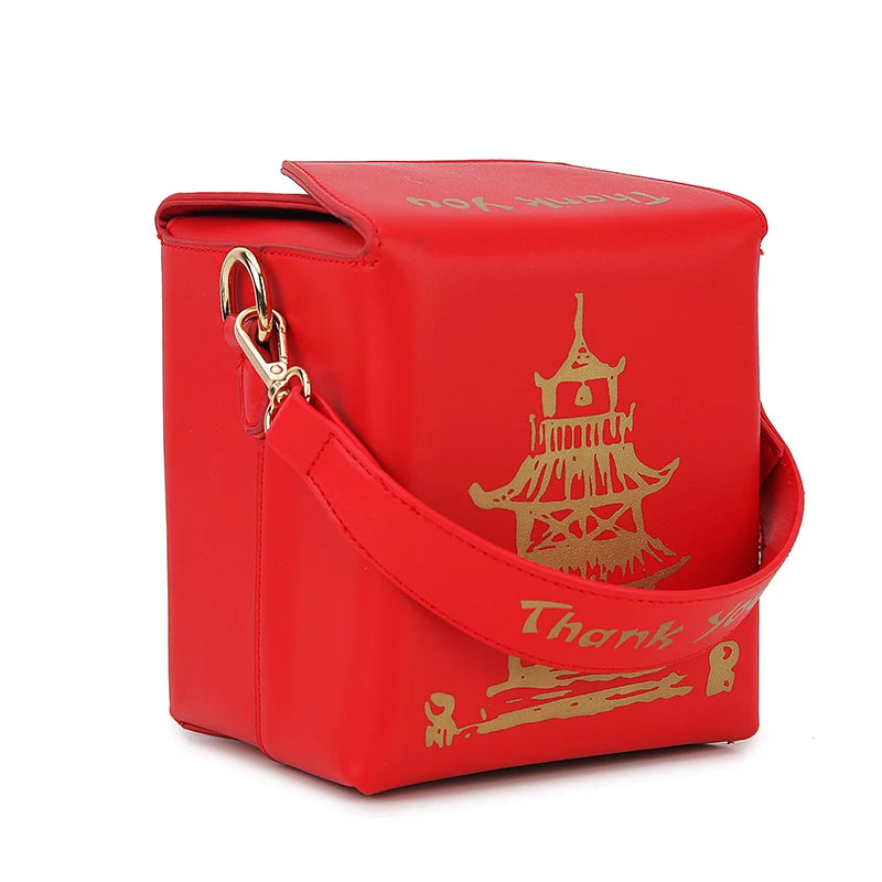 Chinese Takeout Box Purse Pu Leather Women Hand and Crossbody Bag