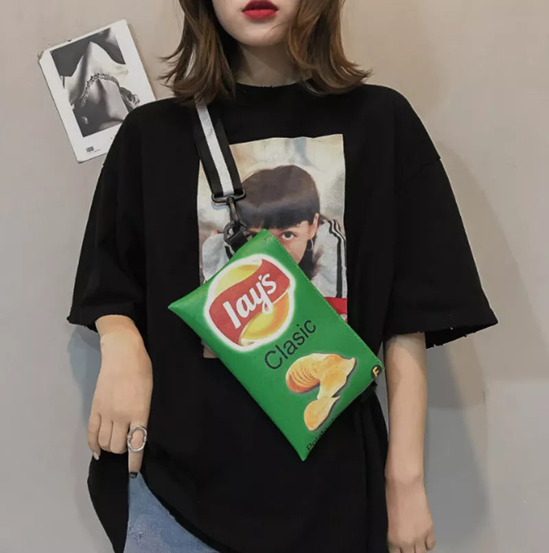 Funny Potato Chips Crossbody Handbag Women Canvas Shoulder Bag Mini Cartoon Printing Girl Envelope Bags Female Clutch Cute Purse - Totes and Tangles