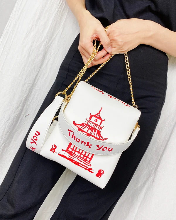Chinese Takeout Box Purse Pu Leather Women Hand and Crossbody Bag