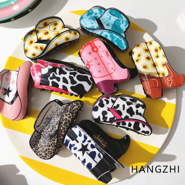 HANGZHI New Colorful Cowboy Hat Acrylic Grab Clip Cow Leopard Sunflower Star Boots Shark Hair Clip for Women Girl Party Headwear - Totes and Tangles