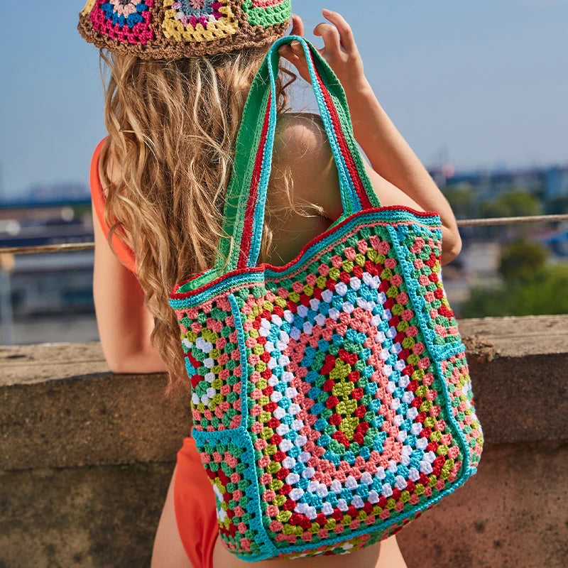 Bohemian Paisley Crochet Women Shoulder Bags Knitting Large Tote Bag Casual Lady Handbags Big Shopper Purses Summer Beach Bag - Totes and Tangles