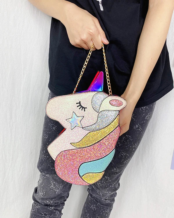 Cute Unicorn Shoulder Bag Fashion Small Chain Crossbody Bag Laser Women Purses and Handbags Cartoon Design Clutch Kawaii Pouch - Totes and Tangles