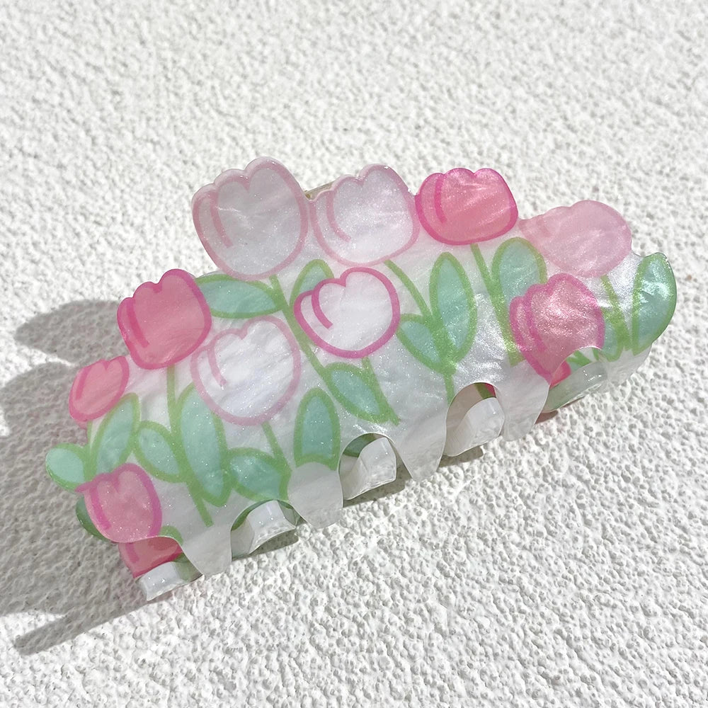 Sweet Acrylic Double Sided Flower Printed Hair Claw Clip for Women Oversize Geometric Shark Hairpin Headwear Hair Accessories