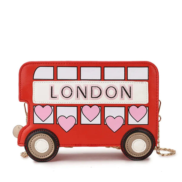 Cute LONDON Bus Design Girsl Chain Shoulder Bag Embroidered Cartoon Women Novelty Purses and Handbags Fashion Red Crossbody Bag - Totes and Tangles