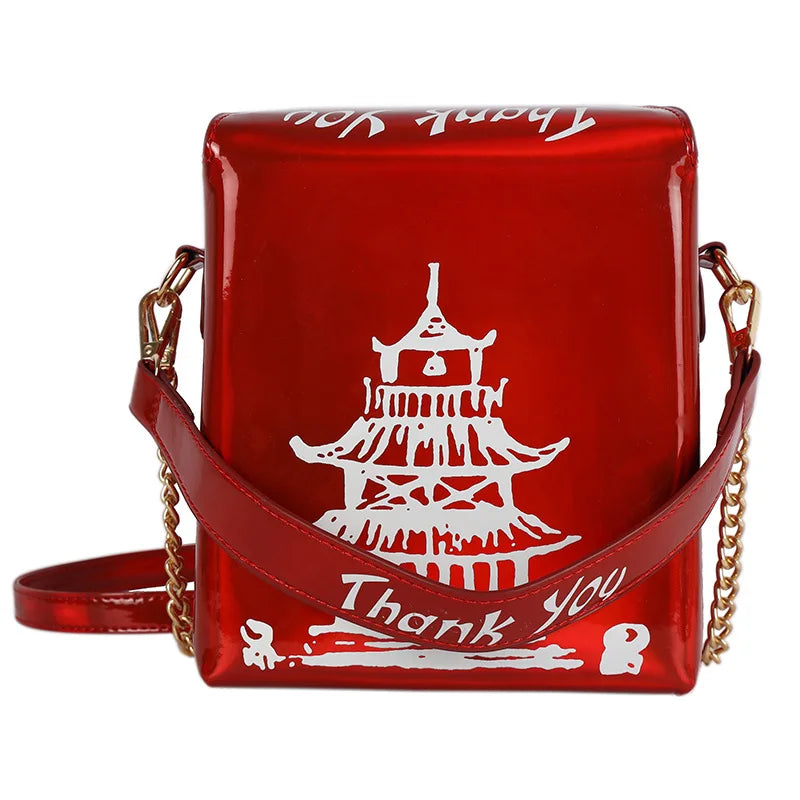 Chinese Takeout Box Purse Pu Leather Women Hand and Crossbody Bag