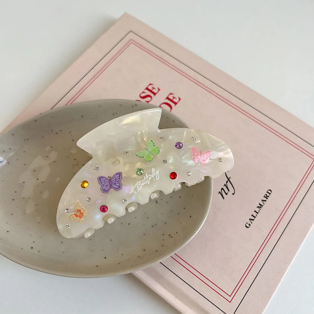 DuoShang Colorful Rhinestone Butterfly Acetate Hair Claw Sweet Elegant Claw Clip Crab Hair Clip for Women Girls Hair Accessories