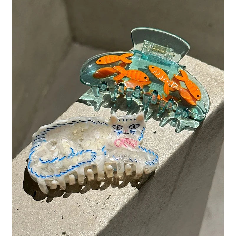 Funny Cat Fish Hair Claw Acetate Curly Persian Cat Goldfish Crab Hair Clip Shark Clip for Woman Girl Hairpin Hair Accessories