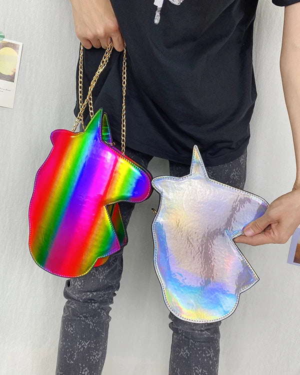 Cute Unicorn Shoulder Bag Fashion Small Chain Crossbody Bag Laser Women Purses and Handbags Cartoon Design Clutch Kawaii Pouch - Totes and Tangles