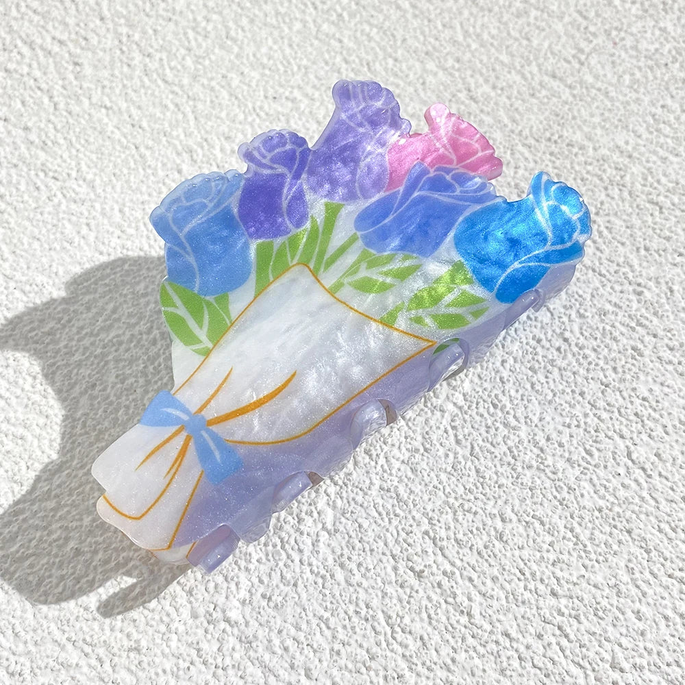 Sweet Acrylic Double Sided Flower Printed Hair Claw Clip for Women Oversize Geometric Shark Hairpin Headwear Hair Accessories