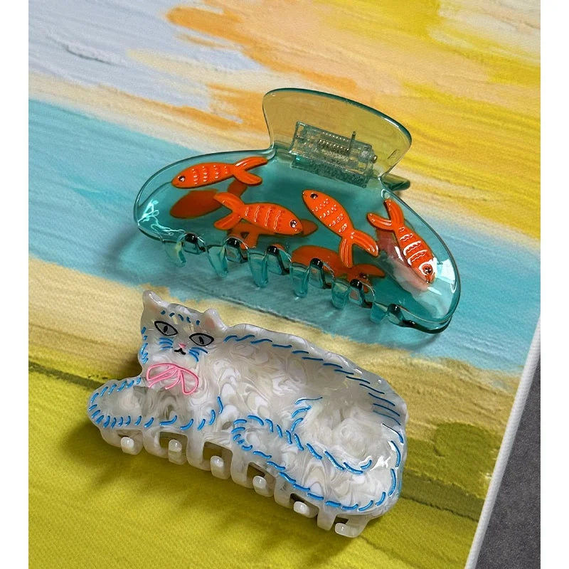 Funny Cat Fish Hair Claw Acetate Curly Persian Cat Goldfish Crab Hair Clip Shark Clip for Woman Girl Hairpin Hair Accessories
