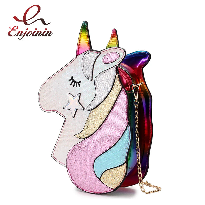 Cute Unicorn Shoulder Bag Fashion Small Chain Crossbody Bag Laser Women Purses and Handbags Cartoon Design Clutch Kawaii Pouch - Totes and Tangles