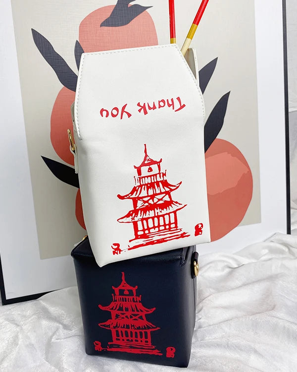 Chinese Takeout Box Purse Pu Leather Women Hand and Crossbody Bag